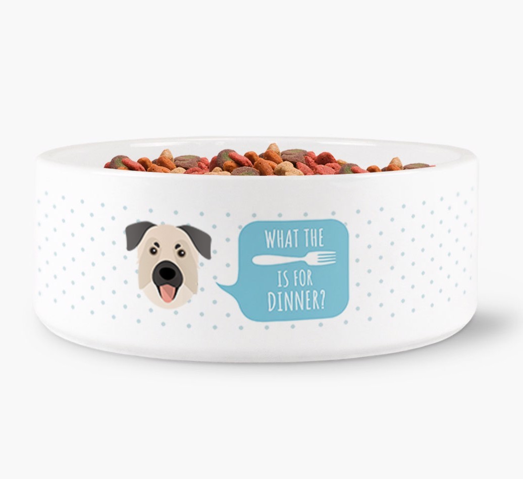 'What's for dinner?' Dog Bowl for your {breedFullName}