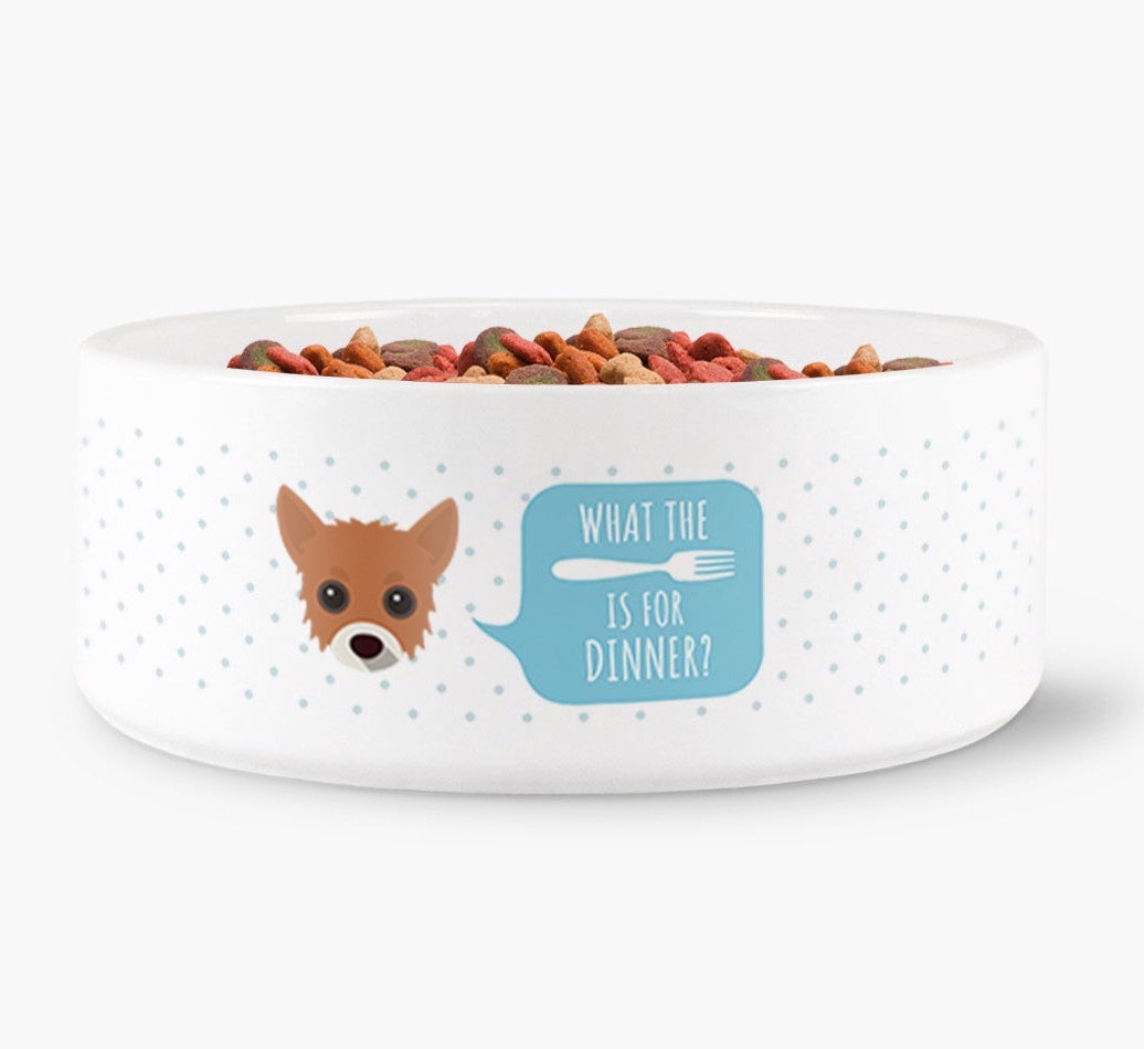 'What's for dinner?' Dog Bowl for your {breedFullName}
