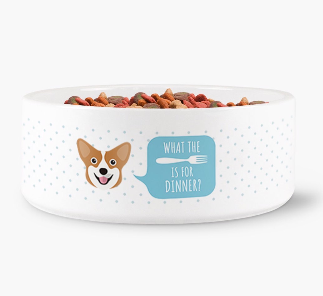 'What's for dinner?' Dog Bowl for your {breedFullName}