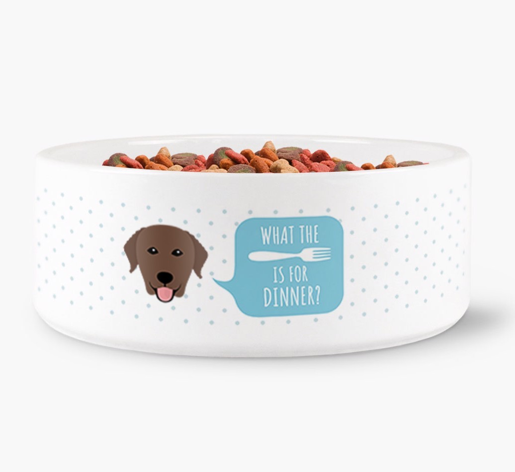'What's for dinner?' Dog Bowl for your {breedFullName}