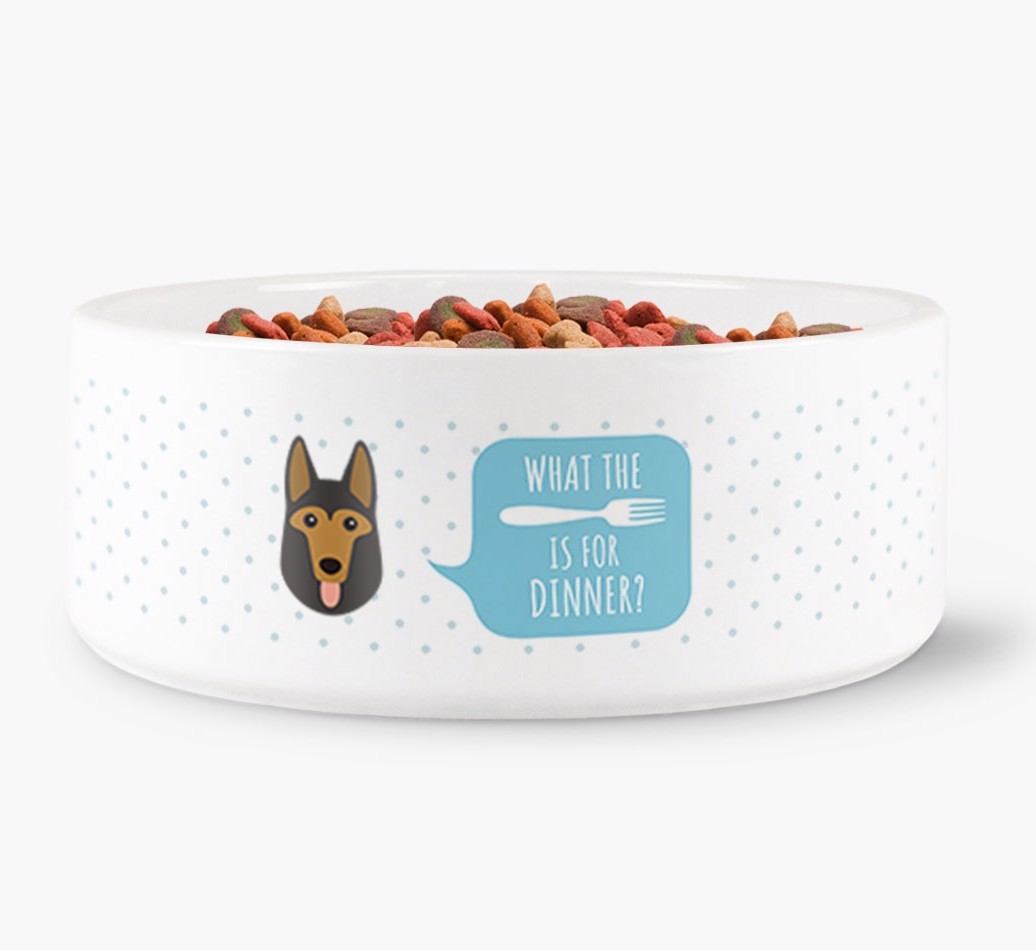 'What's for dinner?' Dog Bowl for your {breedFullName}