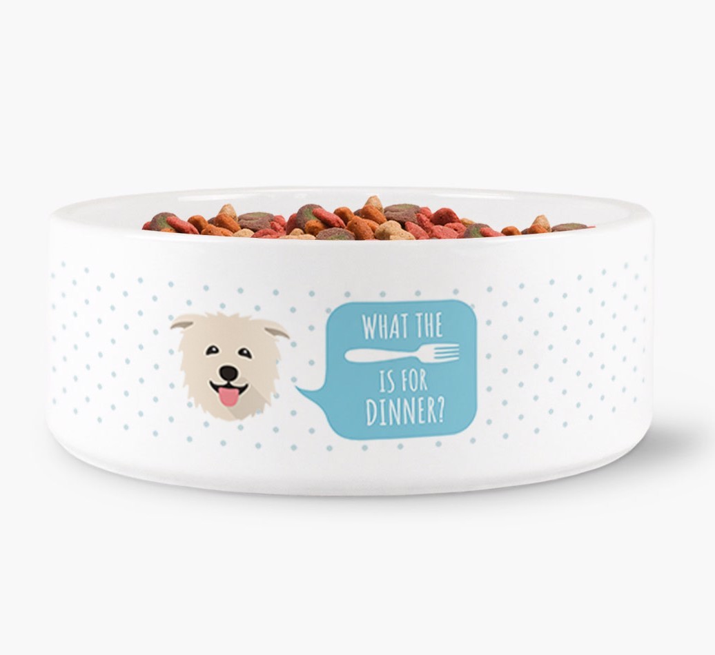 'What's for dinner?' Dog Bowl for your {breedFullName}