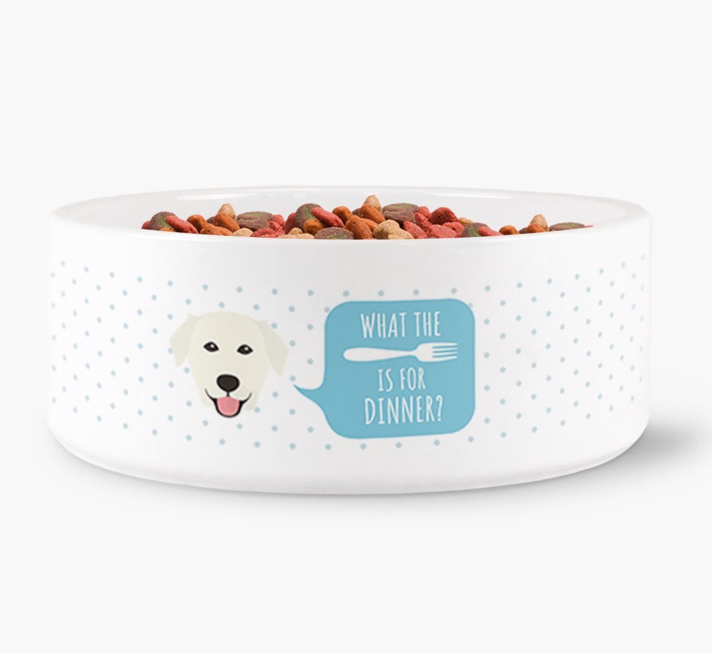 'What's for dinner?' Dog Bowl for your {breedFullName}