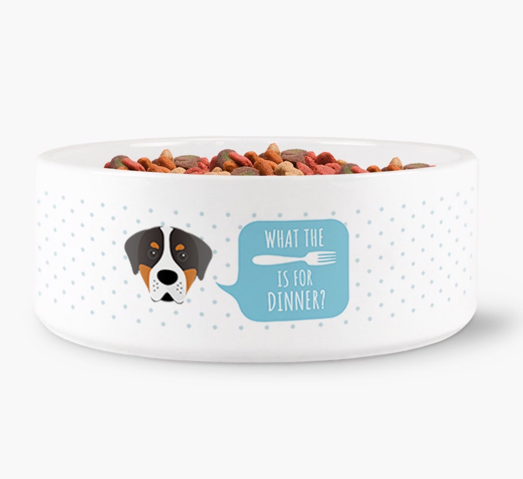 'What's for dinner?' Dog Bowl for your {breedFullName}