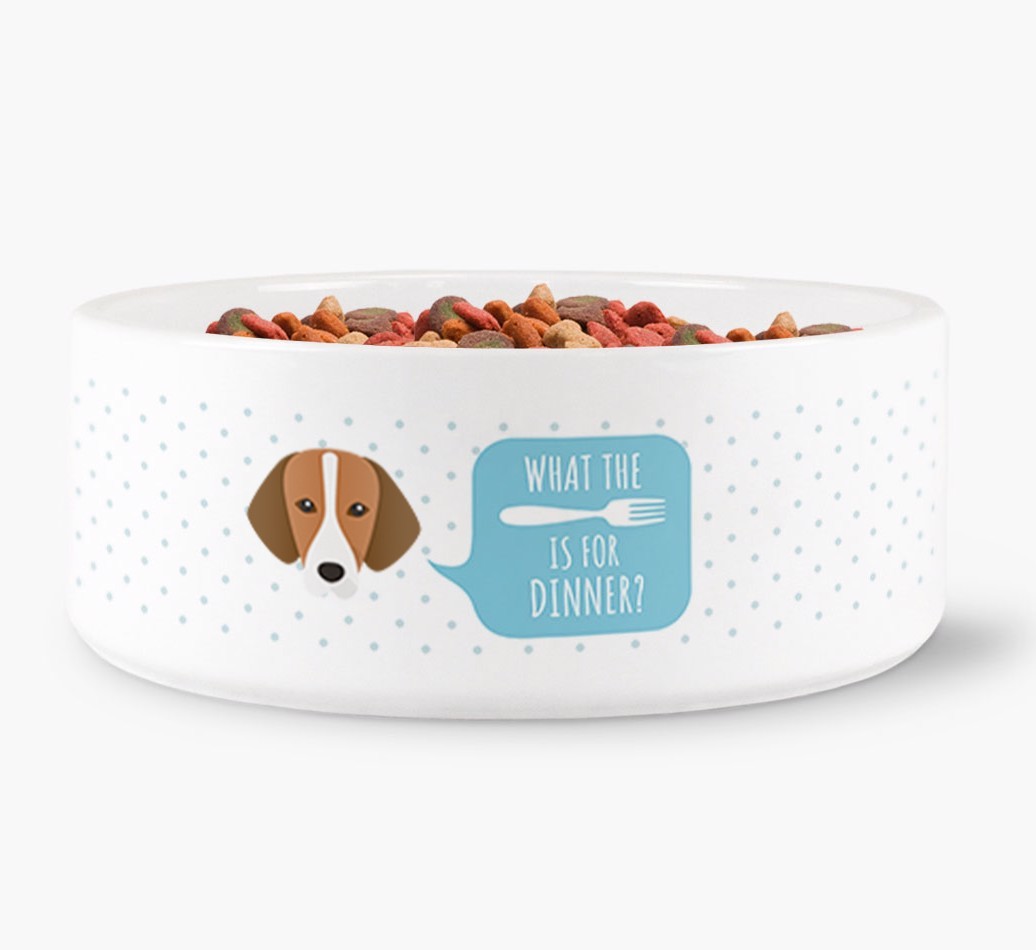 'What's for dinner?' Dog Bowl for your {breedFullName}