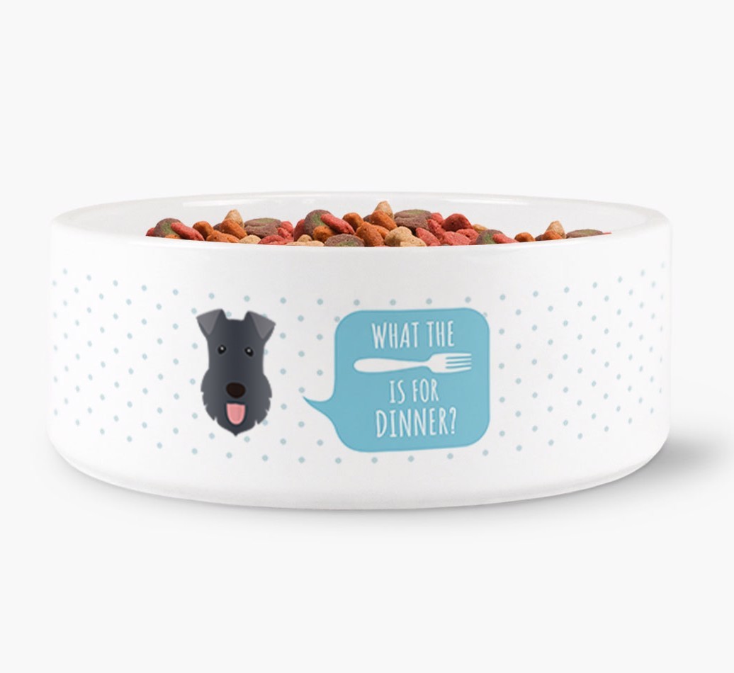 'What's for dinner?' Dog Bowl for your {breedFullName}