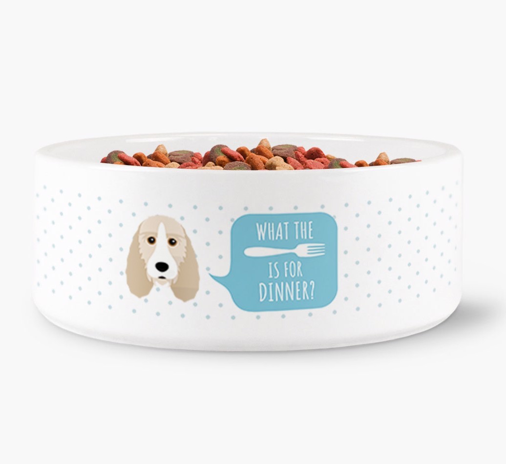 'What's for dinner?' Dog Bowl for your {breedFullName}