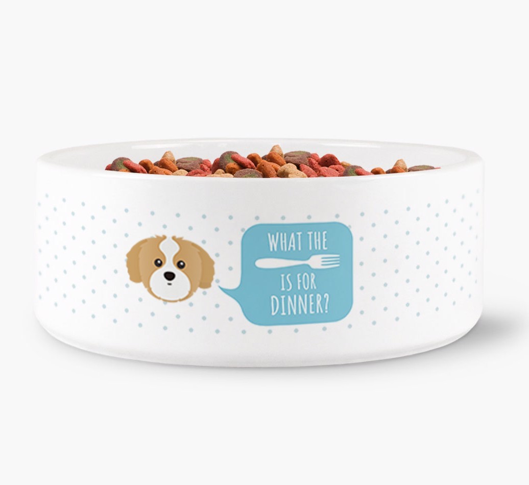 'What's for dinner?' Dog Bowl for your {breedFullName}