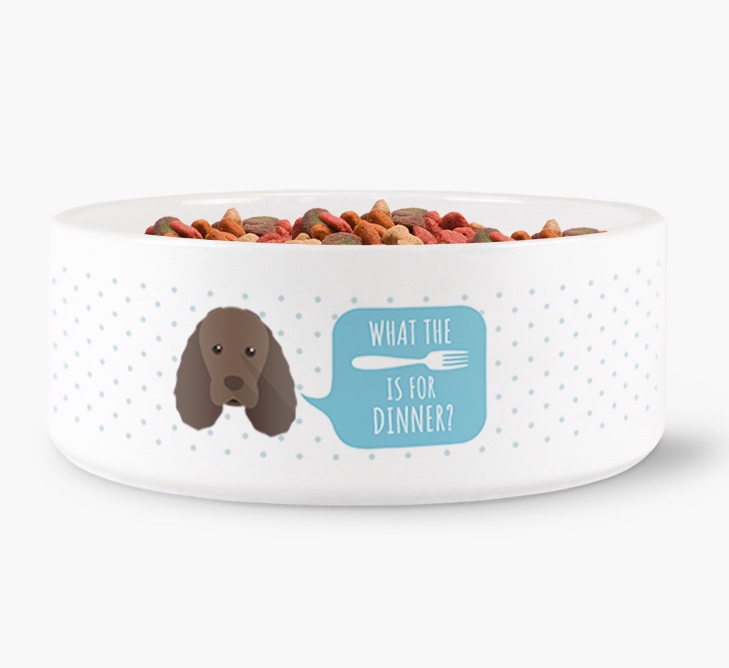 'What's for dinner?' Dog Bowl for your {breedFullName}