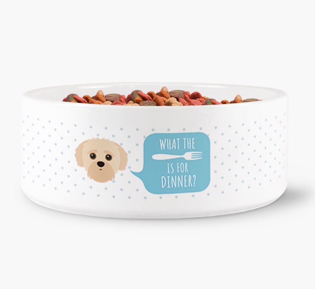 'What's for dinner?' Dog Bowl for your {breedFullName}