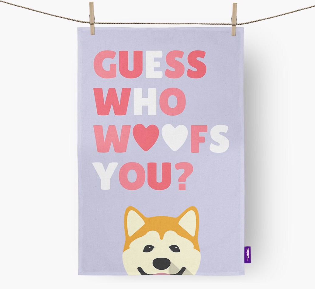 'Guess Who Woofs You?' Tea Towel with {breedFullName} Icon