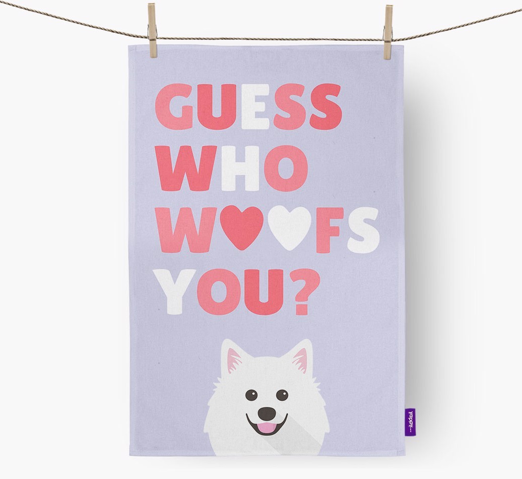 'Guess Who Woofs You?' Tea Towel with {breedFullName} Icon