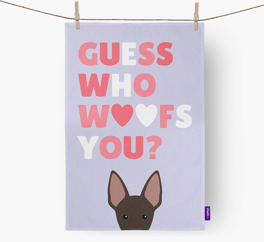 'Guess Who Woofs You?' Tea Towel with {breedFullName} Icon