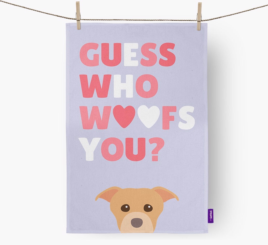 'Guess Who Woofs You?' Tea Towel with {breedFullName} Icon