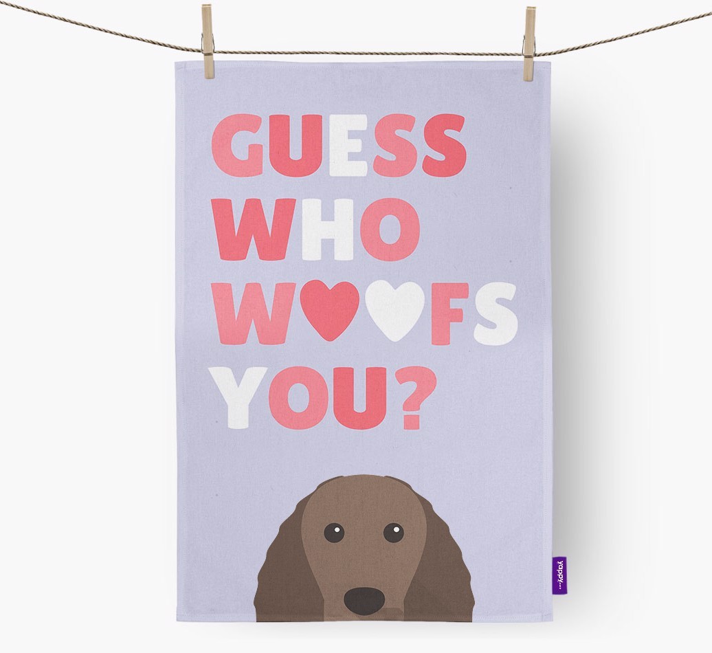 'Guess Who Woofs You?' Tea Towel with {breedFullName} Icon