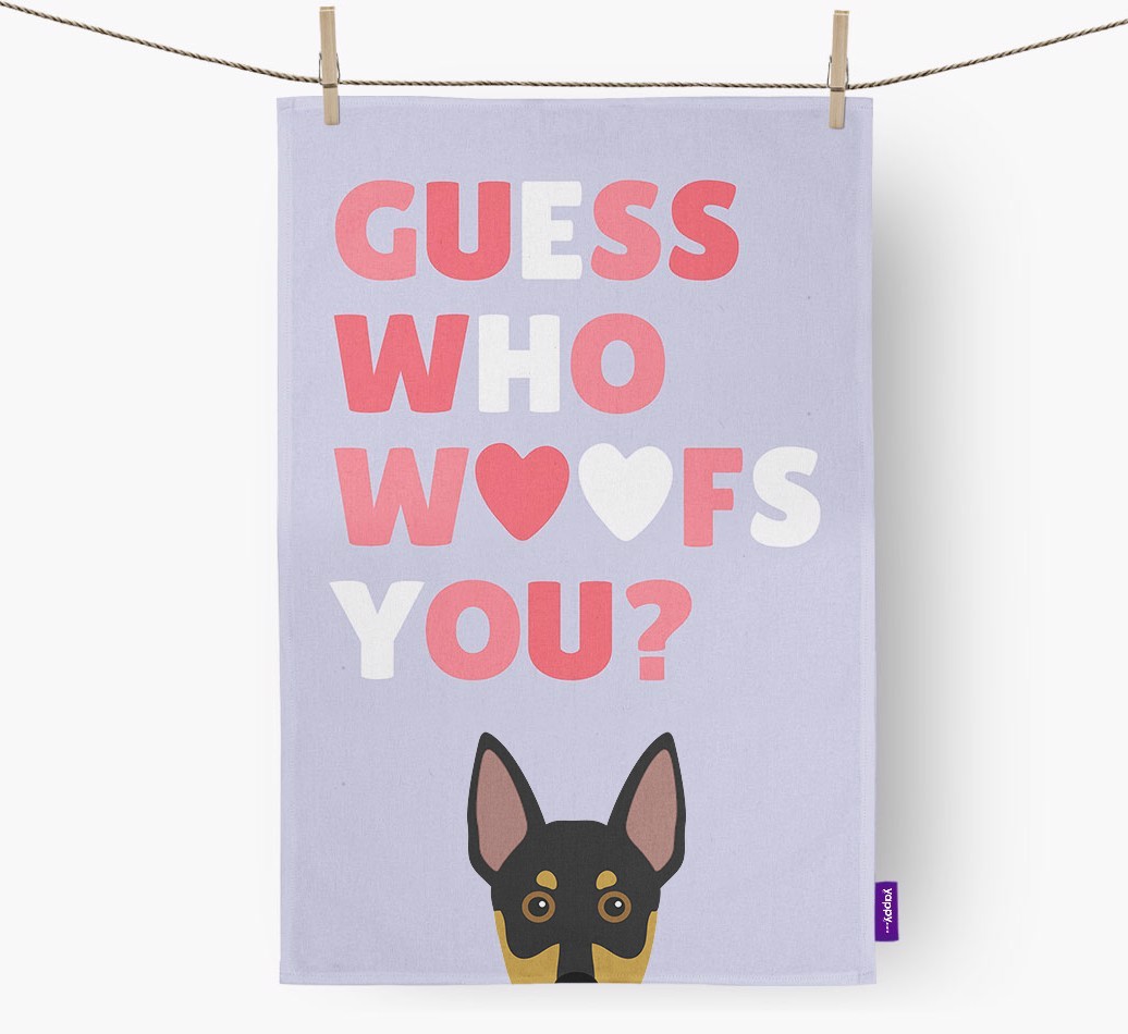 'Guess Who Woofs You?' Tea Towel with {breedFullName} Icon