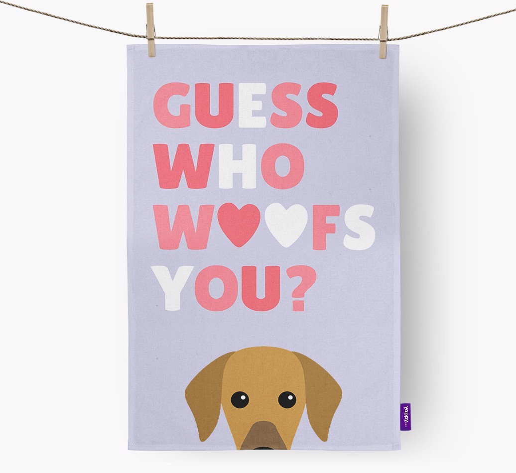 'Guess Who Woofs You?' Tea Towel with {breedFullName} Icon