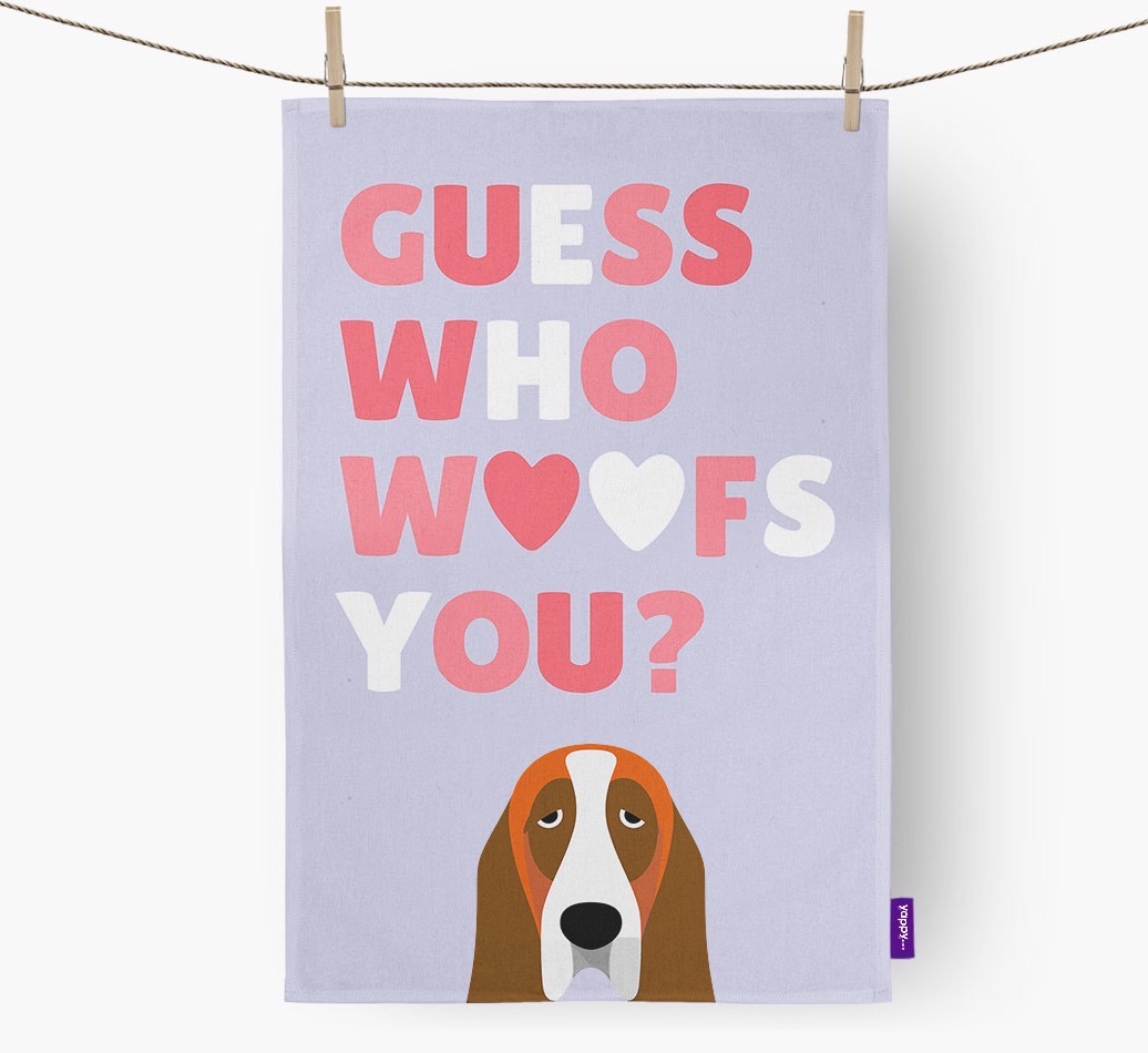 'Guess Who Woofs You?' Tea Towel with {breedFullName} Icon