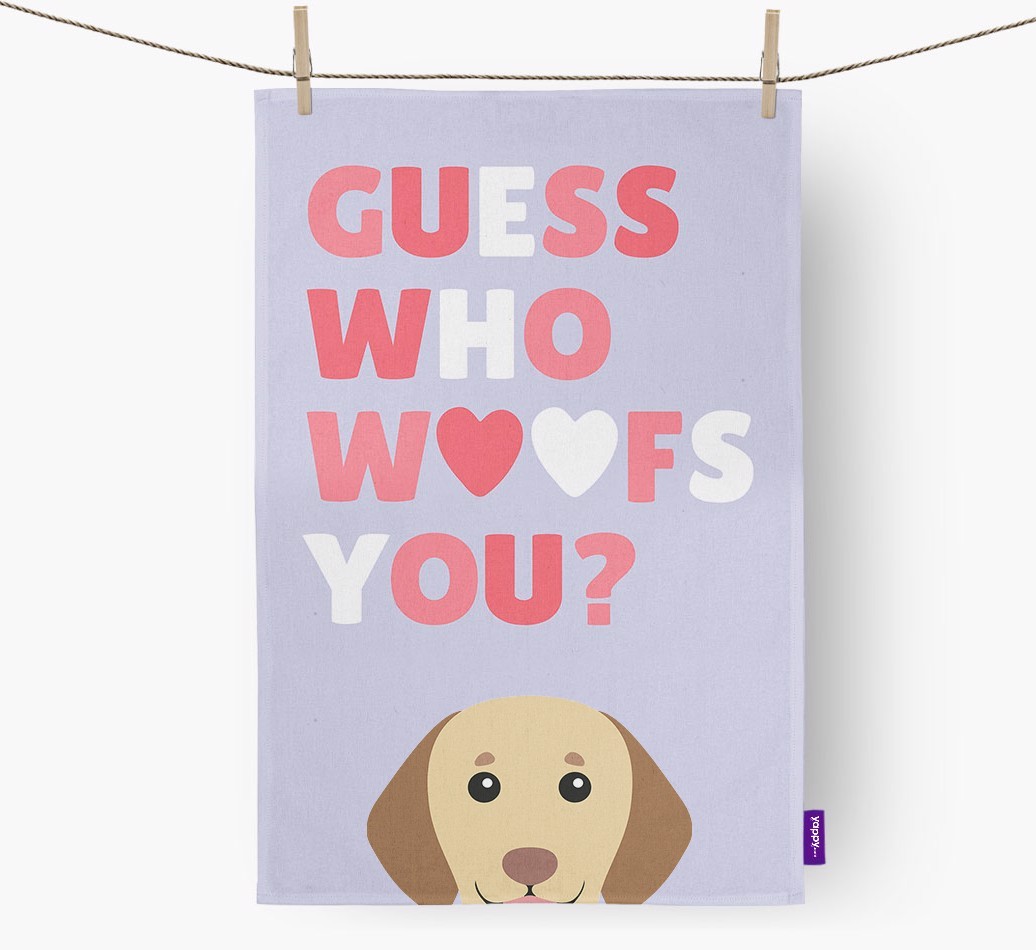 'Guess Who Woofs You?' Tea Towel with {breedFullName} Icon