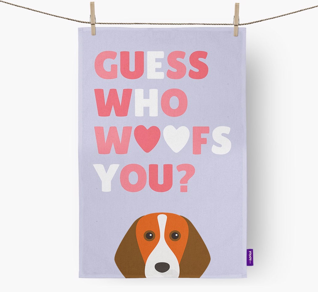 'Guess Who Woofs You?' Tea Towel with {breedFullName} Icon