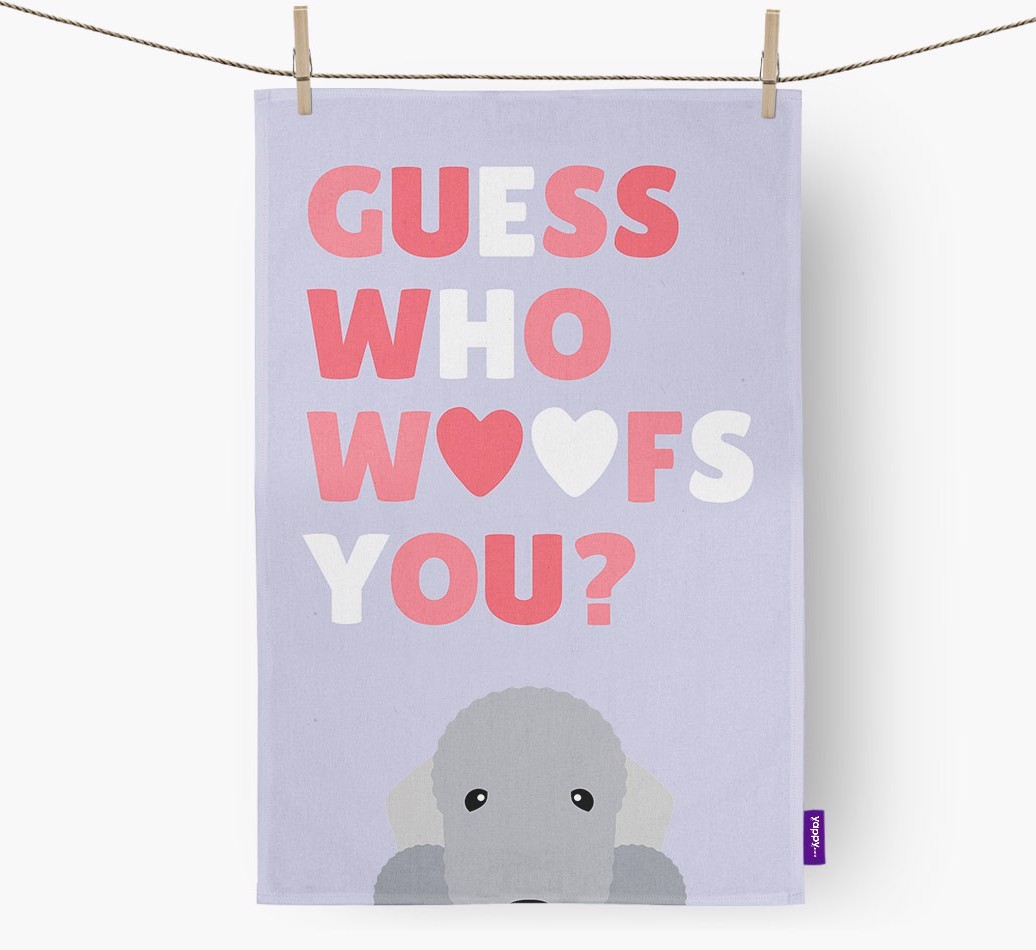 'Guess Who Woofs You?' Tea Towel with {breedFullName} Icon