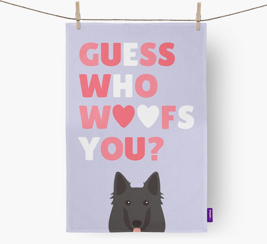 'Guess Who Woofs You?' Tea Towel with {breedFullName} Icon