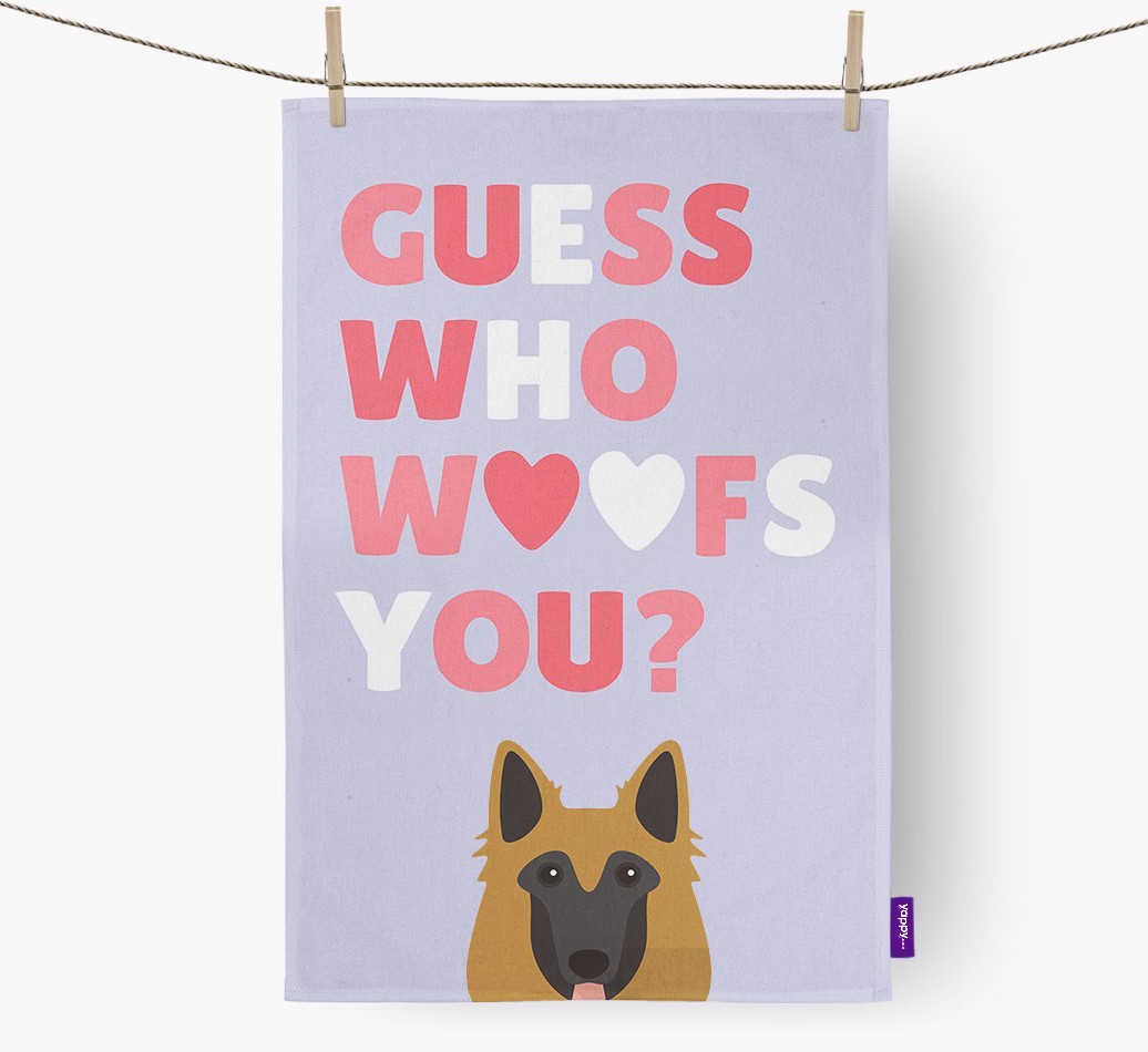 'Guess Who Woofs You?' Tea Towel with {breedFullName} Icon