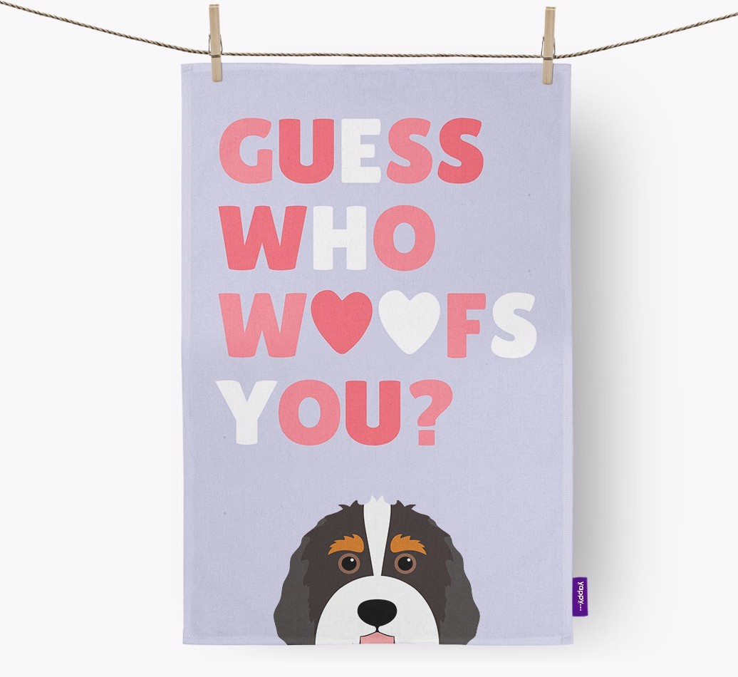'Guess Who Woofs You?' Tea Towel with {breedFullName} Icon