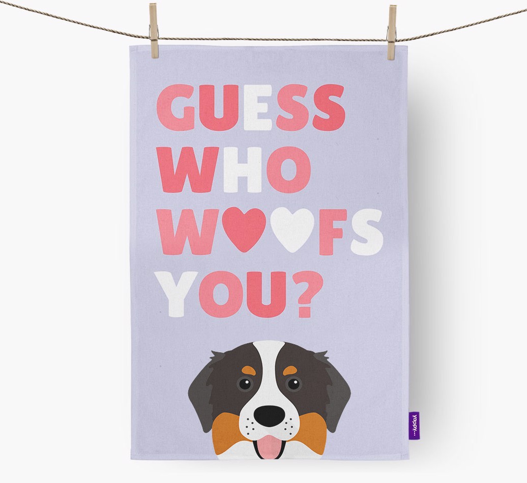 'Guess Who Woofs You?' Tea Towel with {breedFullName} Icon