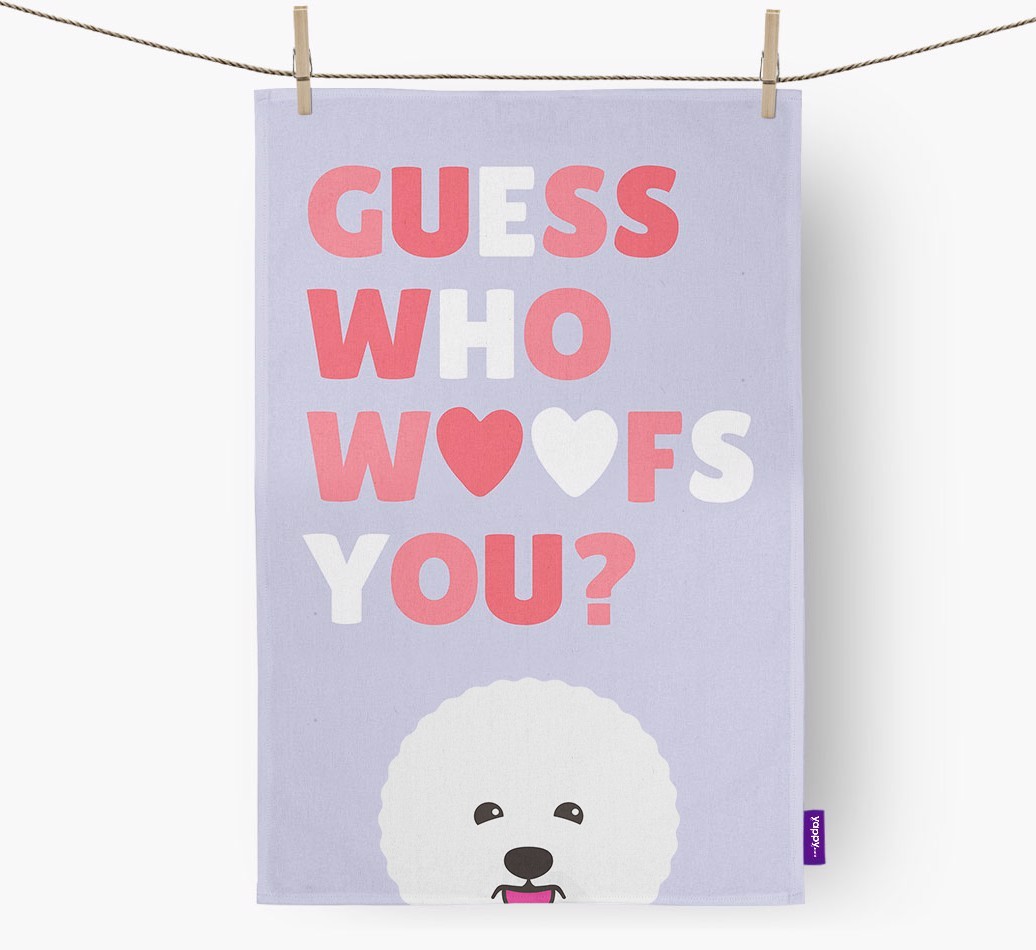 'Guess Who Woofs You?' Tea Towel with {breedFullName} Icon