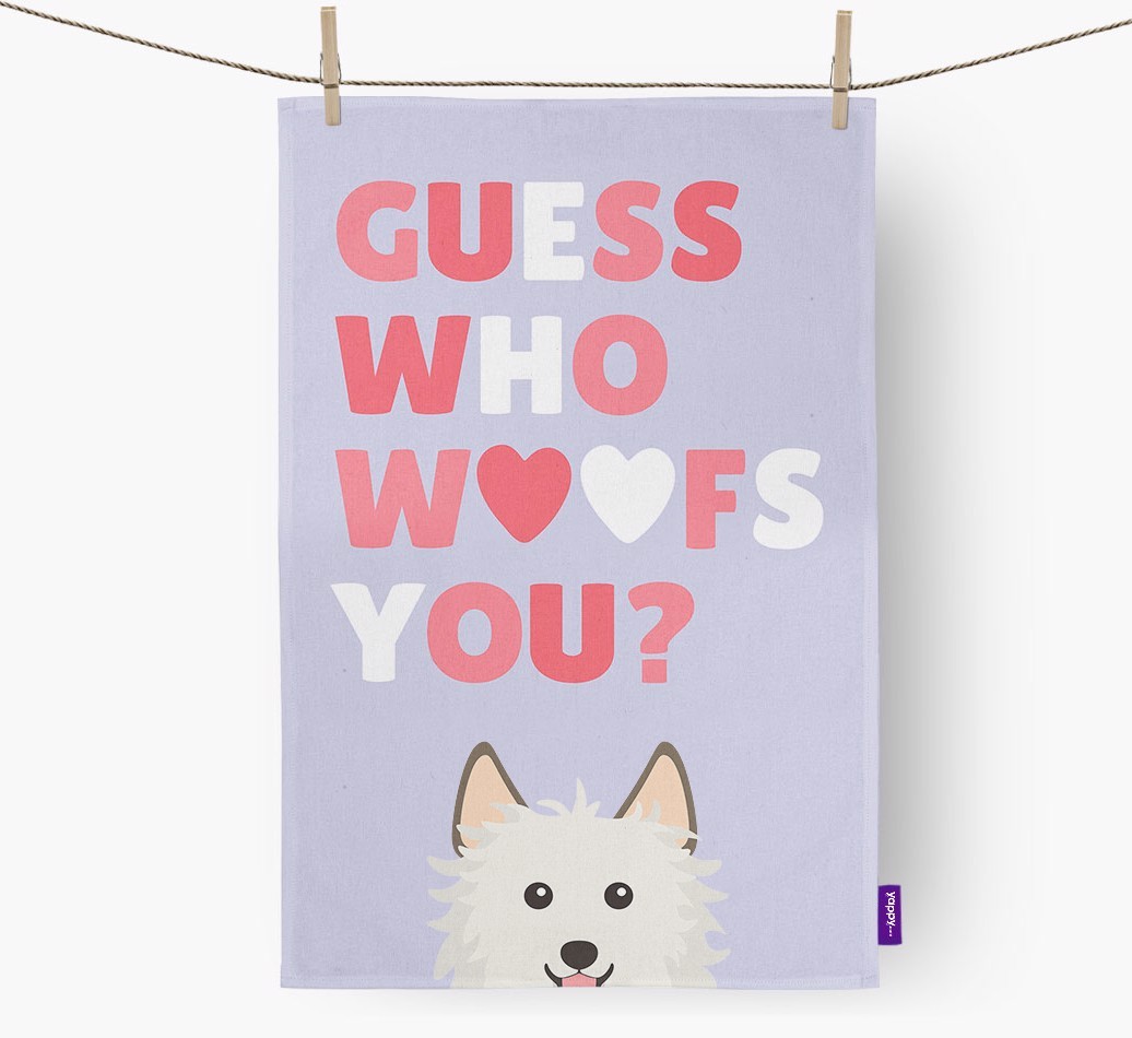 'Guess Who Woofs You?' Dish Towel with {breedFullName} Icon