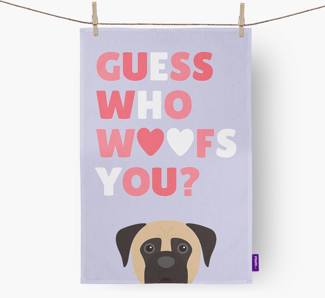 'Guess Who Woofs You?' Tea Towel with {breedFullName} Icon