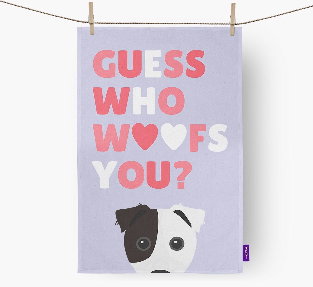 'Guess Who Woofs You?' Tea Towel with {breedFullName} Icon