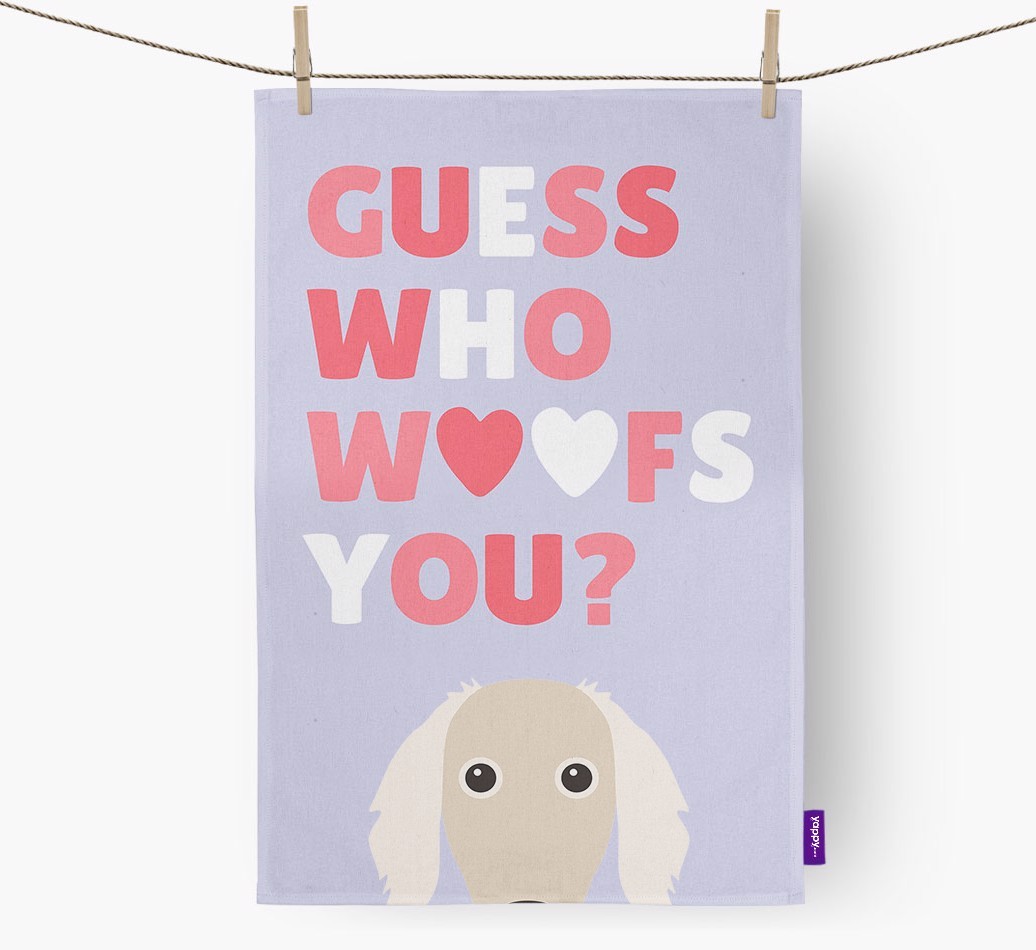'Guess Who Woofs You?' Tea Towel with {breedFullName} Icon