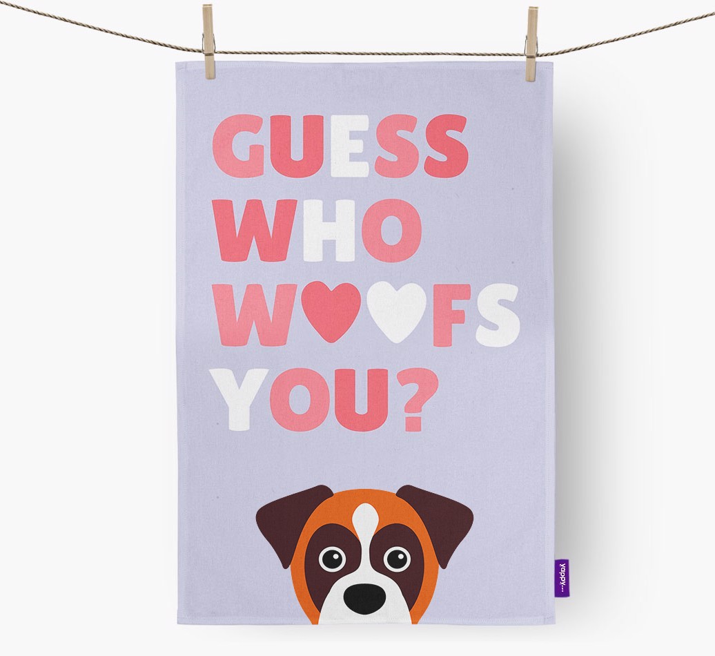 'Guess Who Woofs You?' Tea Towel with {breedFullName} Icon