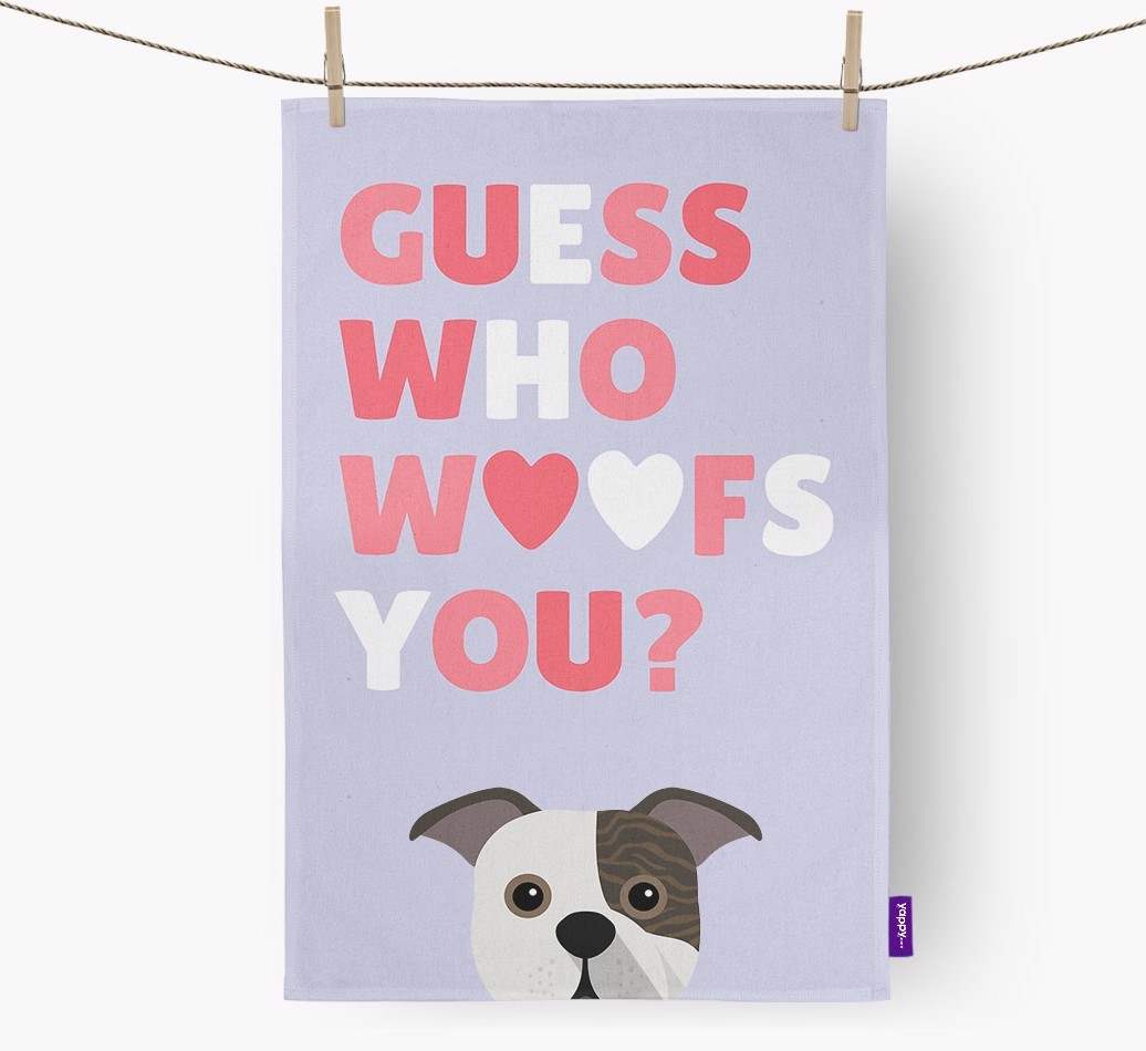 'Guess Who Woofs You?' Tea Towel with {breedFullName} Icon