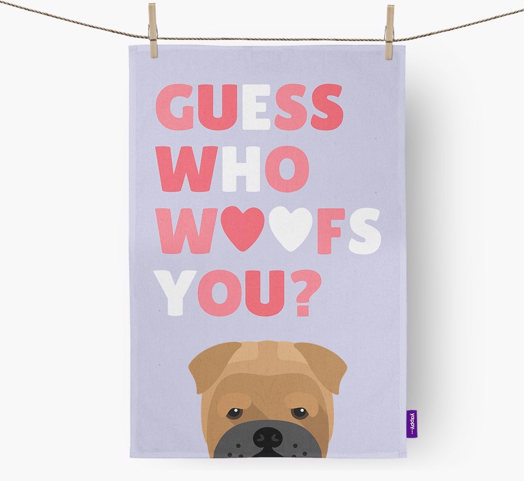 'Guess Who Woofs You?' Dish Towel with {breedFullName} Icon