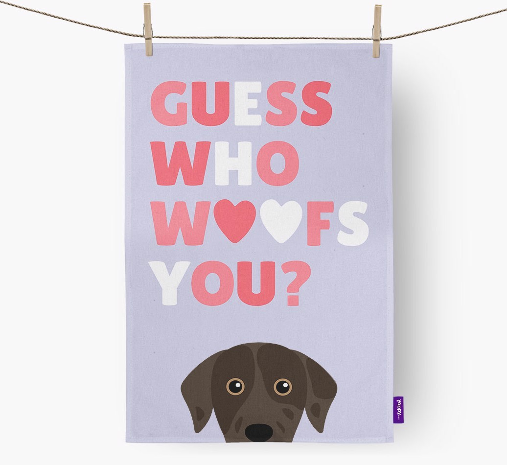 'Guess Who Woofs You?' Tea Towel with {breedFullName} Icon