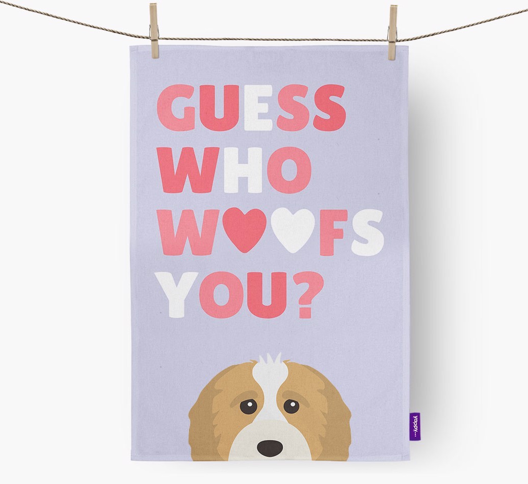 'Guess Who Woofs You?' Tea Towel with {breedFullName} Icon