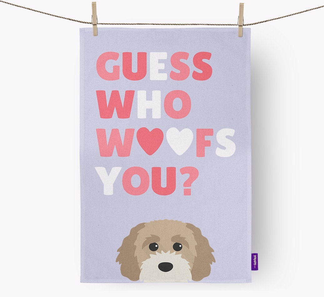 'Guess Who Woofs You?' Tea Towel with {breedFullName} Icon