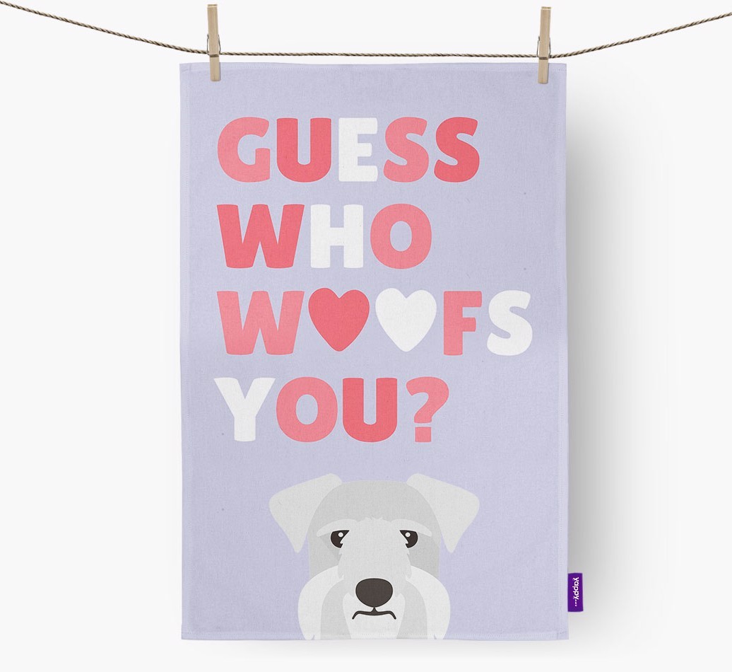 'Guess Who Woofs You?' Dish Towel with {breedFullName} Icon