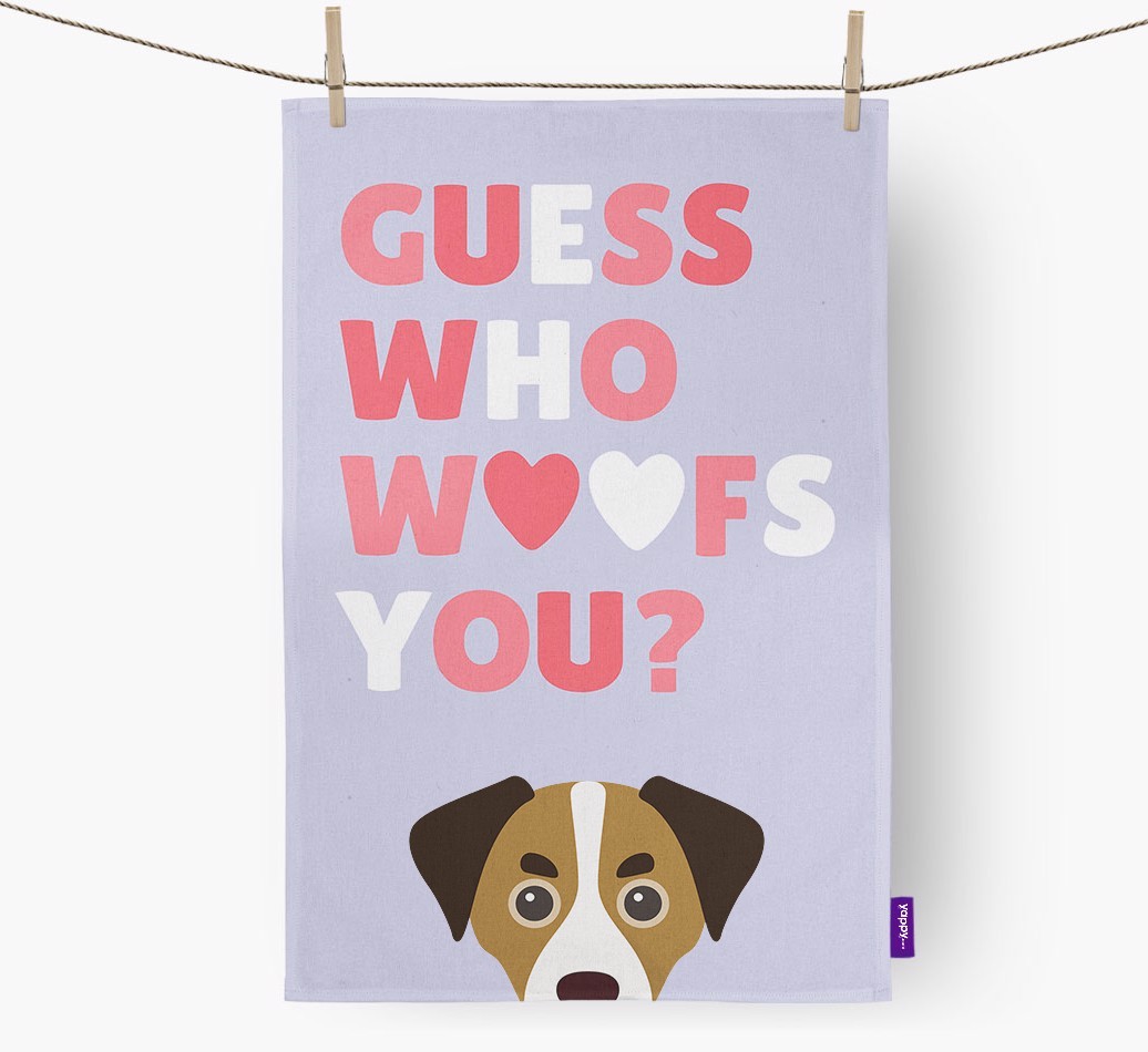 'Guess Who Woofs You?' Tea Towel with {breedFullName} Icon