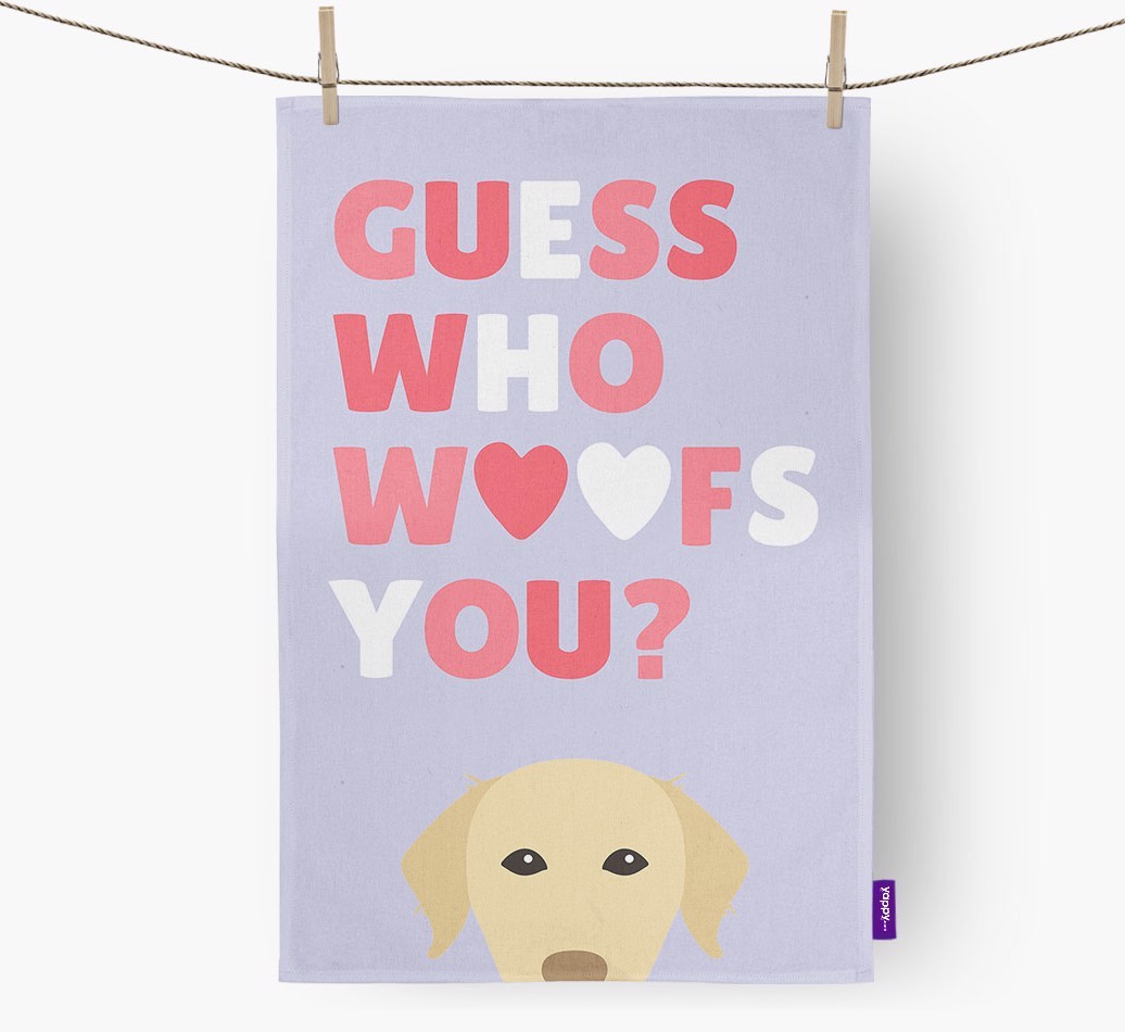 'Guess Who Woofs You?' Tea Towel with {breedFullName} Icon