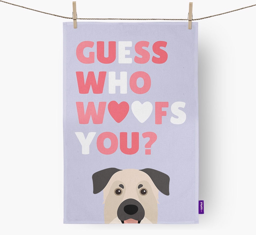 'Guess Who Woofs You?' Tea Towel with {breedFullName} Icon