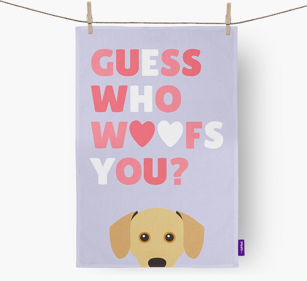 'Guess Who Woofs You?' Tea Towel with {breedFullName} Icon