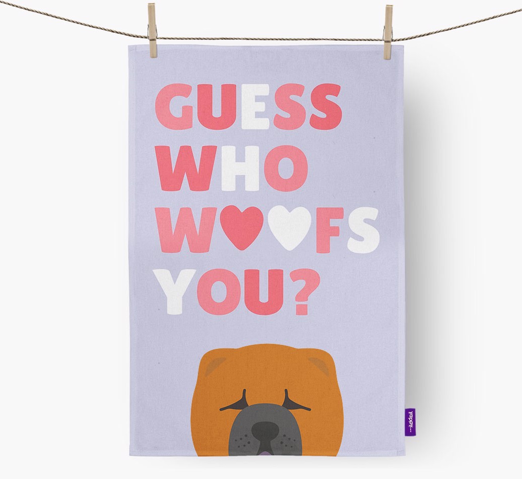 'Guess Who Woofs You?' Tea Towel with {breedFullName} Icon