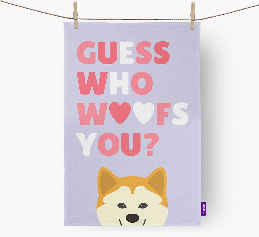 'Guess Who Woofs You?' Dish Towel with {breedFullName} Icon