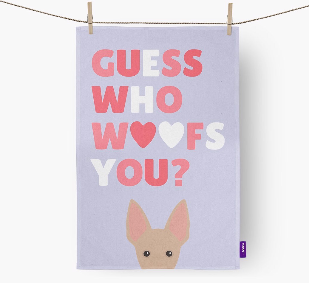 'Guess Who Woofs You?' Tea Towel with {breedFullName} Icon