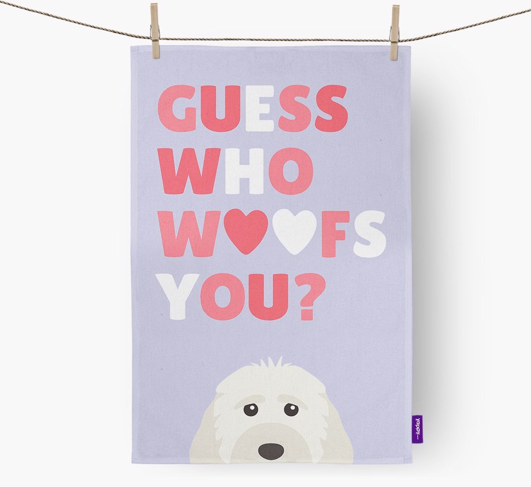 'Guess Who Woofs You?' Tea Towel with {breedFullName} Icon