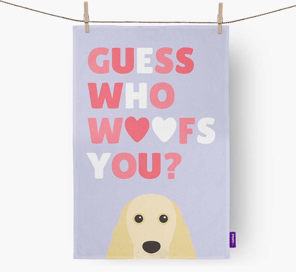 'Guess Who Woofs You?' Tea Towel with {breedFullName} Icon